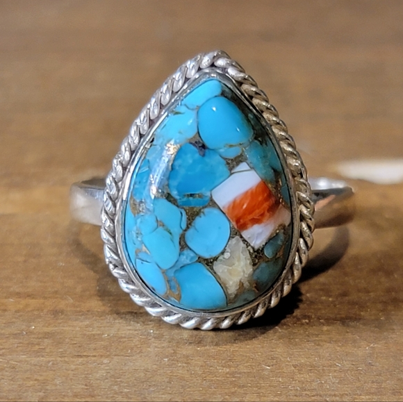 Native Jewelry - Native Spiny Turquoise Gemstone Ring Size 7 Sterling Silver Boho Womens Jewelry